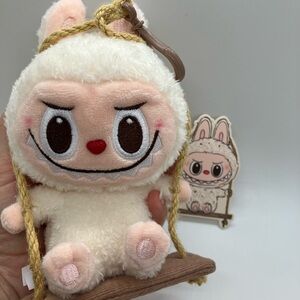 WHITE Pop Mart Pop Land Exclusive Timber Workshop Labubu Plush on Swing